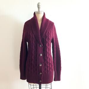 Eddie Bauer Size M Womens Plum Purple Shawl Collar Cardigan Cable Knit Lambswool